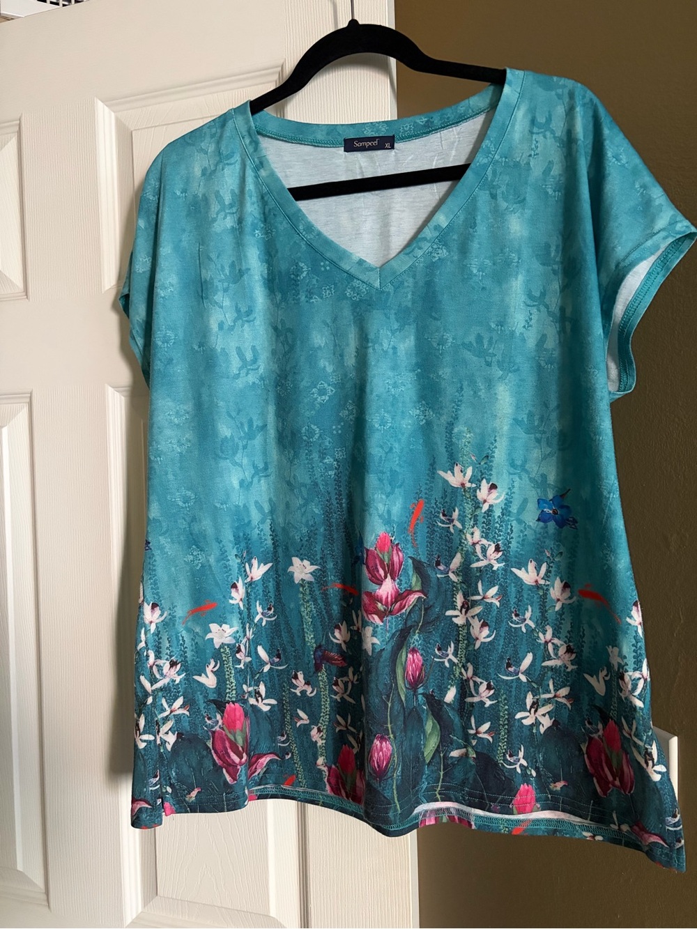 Teal Floral V-Neck Women's Top